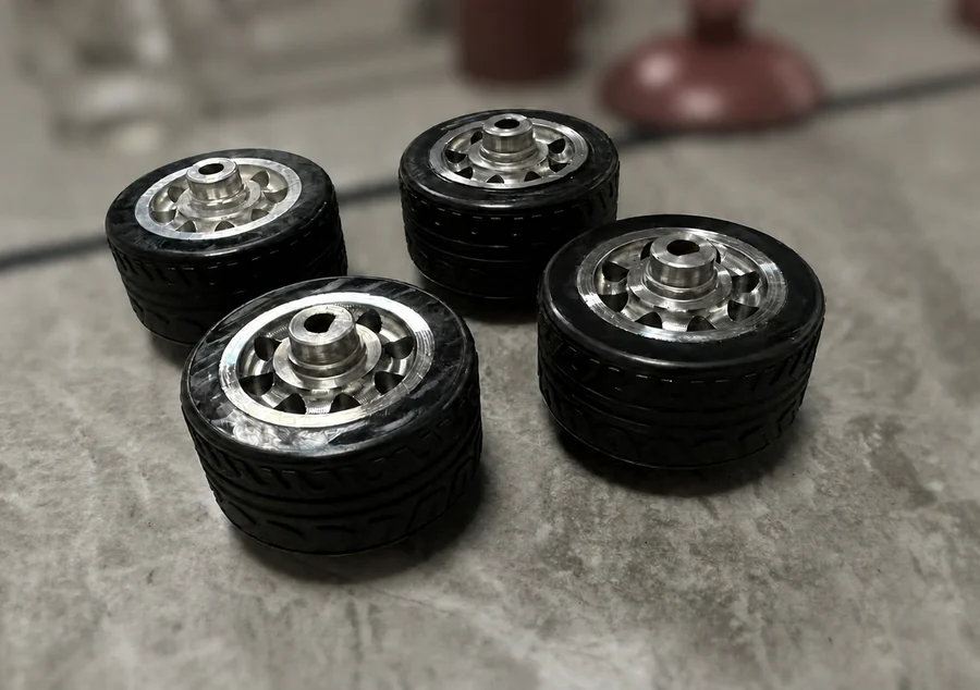Machined aluminum-core rubber wheel samples for a robot project